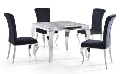 Louis Grey Marble and Chrome Square Dining Set with 4 Black Velvet ...