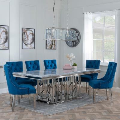 View of Vortex Grey Marble and Chrome Dining Set - Knocker Back Blue Velvet ...