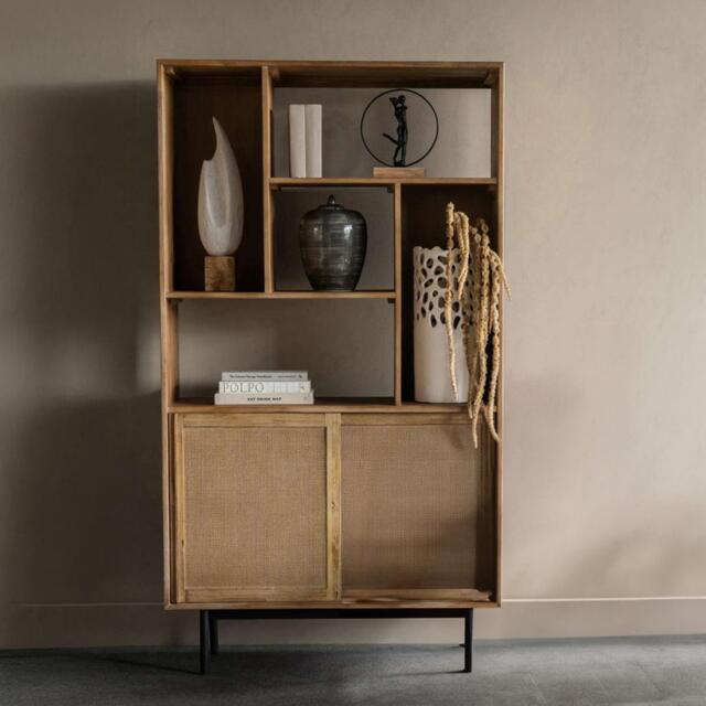Libra Maddox Acacia Wood and Rattan Bookcase with Cupboard by