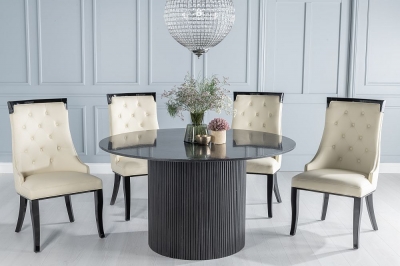 Carra Marble Dining Table Black, Round Top and Fluted Ribbed Drum Base ...