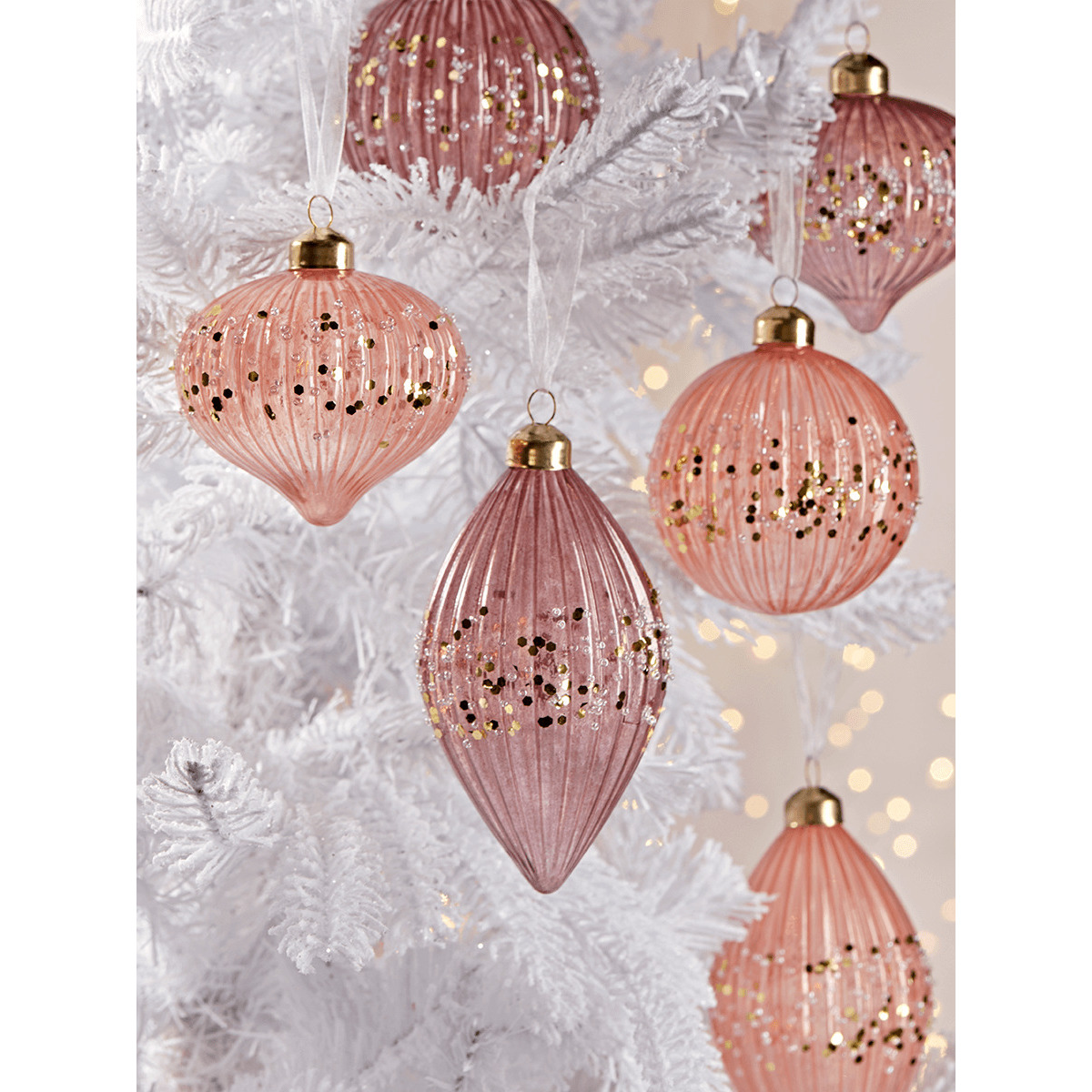 Twelve Frosted Ribbed Baubles - Blush