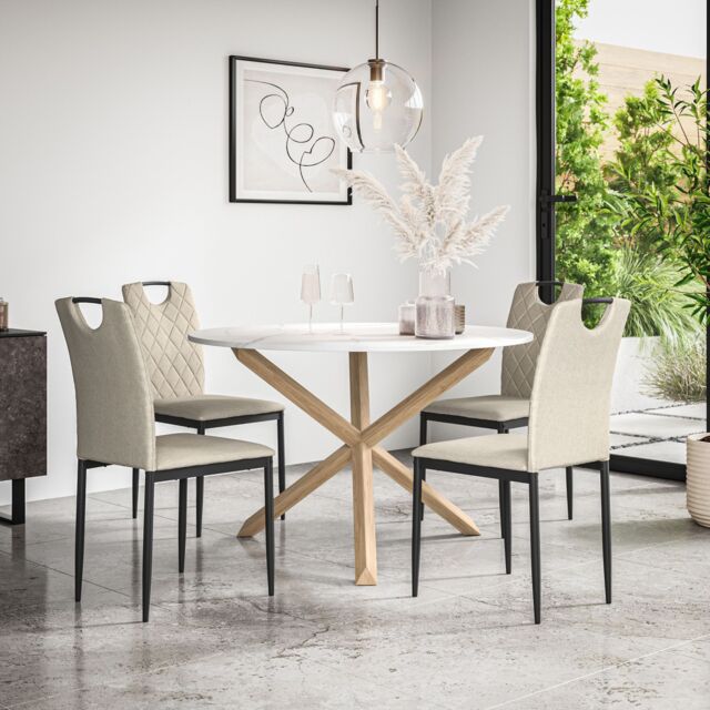 Malvern Round Dining Table And Chairs - Marble Table Top w Solid Oak ...