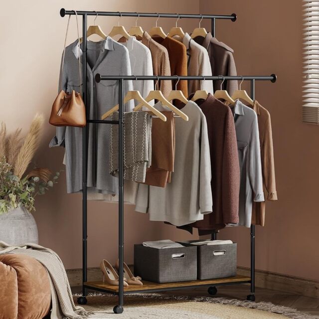SONGMICS Double Clothes Rail with Shelf & Wheels Heavy Duty in Black by ...