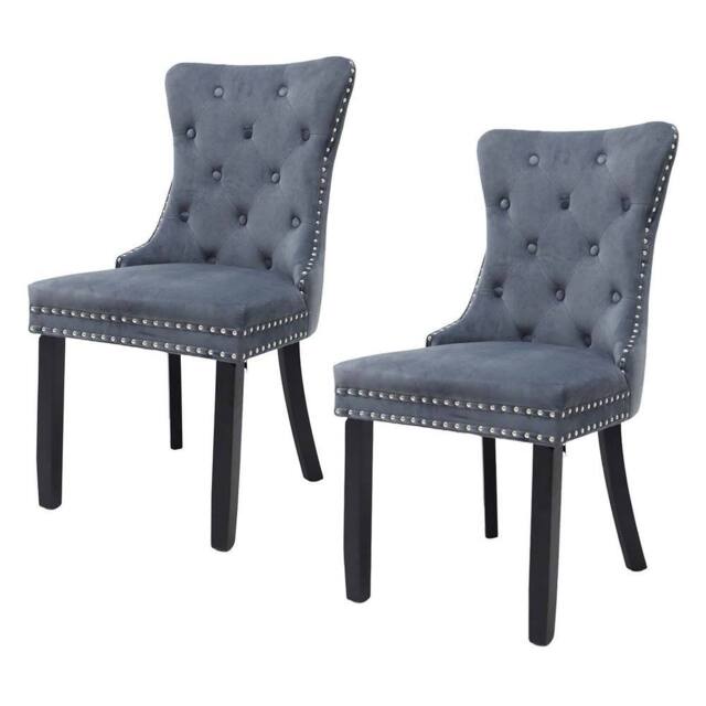 Alivio Set of 2 Velvet Tufted Dining Chairs with Nailhead Trim & Wooden ...