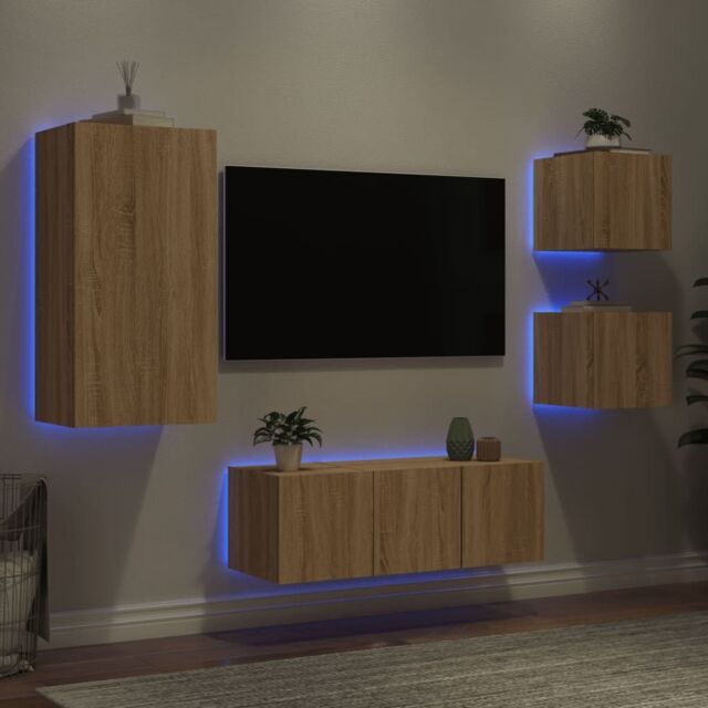 Open Wall Units Led 5 Piece TV Wall Units with LED Sonoma Oak Engineered Wood by Debenhams ...