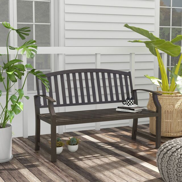 Garden Bench with Slatted Seat and Backrest, Curved Armrest, Brown by ...
