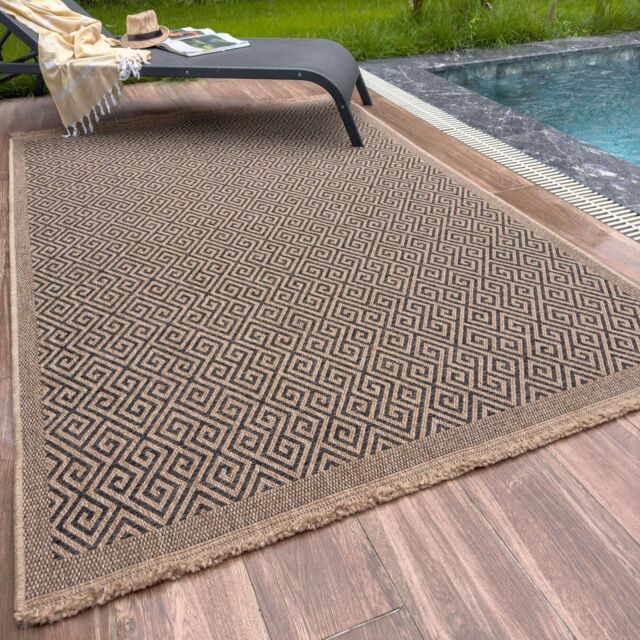 Jute Looking Greek Key Design Outdoor Rugs for Garden Patio Nature 5100 ...