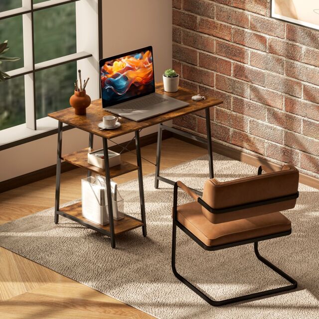 HOMCOM 100cm Computer Table with Shelves & Steel Frame, Rustic Brown ...