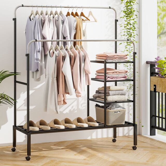 Durnish Rack Costway Rolling Clothes Drying Rack Adjustable Double Rods Garment Rack ...