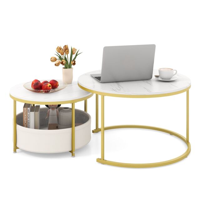 Round Coffee Table Set of 2 Cocktail Nesting Side Table With Basket by