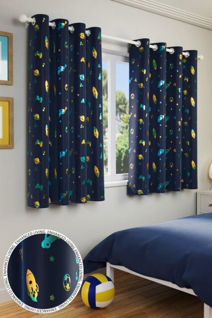 Kids Blue Space and Football Thermal Room Darkening Eyelet Curtain ...