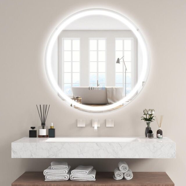 80 x 80cm LED Bathroom Mirror Wall Mounted Round Mirror with 3-Color ...