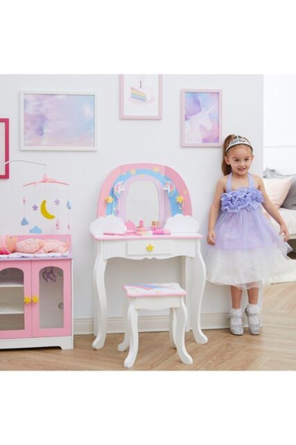 Little Dreamer Rainbow Unicorn Kids Vanity Table, Pink/White by ...