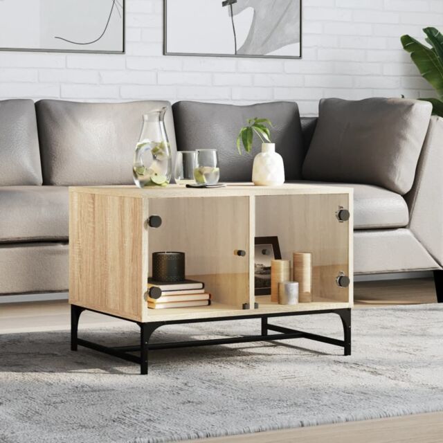 Berkfield Home Coffee Table with Glass Doors Sonoma Oak 68 5x50x50 cm
