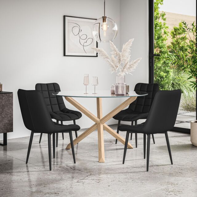 Malvern Round Dining Table And Chairs - Clear Glass Table Top w Solid ...