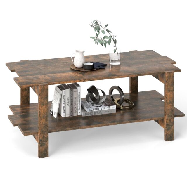 2Tier Coffee Table Slatted Wood Center Table with Storage ShelfWalnut