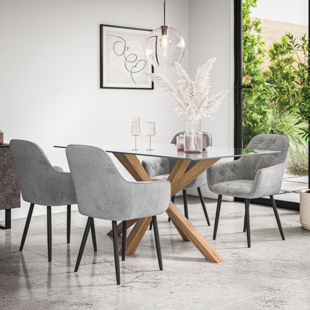 Etta Glass Dining Table And Chairs - Glass Top w Solid Oak Legs + Anika ...