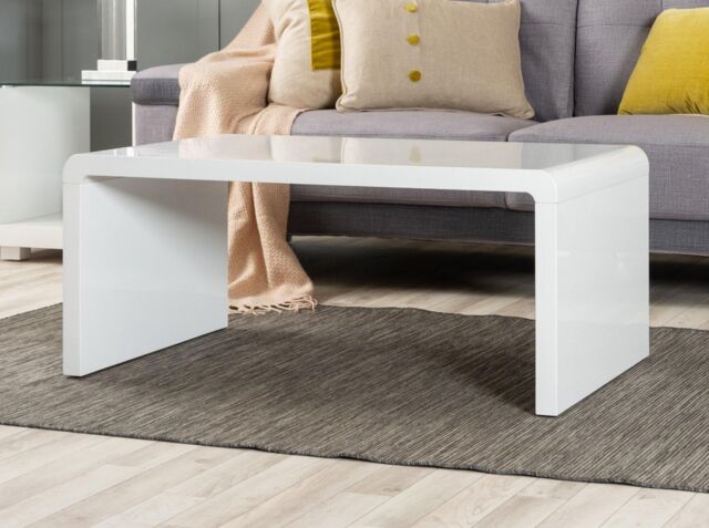 Enzo White High Gloss Rectangular Coffee Table with Sleek Simple Minimalist Design and Curved ...