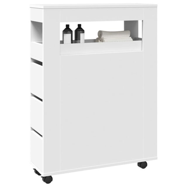 Narrow Bathroom Cabinet with Wheels White Engineered Wood by Debenhams ...
