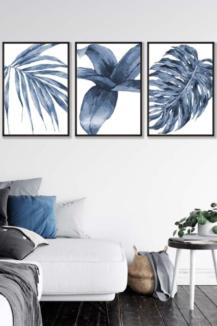ARTZE Set of 3 Black Framed Tropical Plants Navy Blue Abstract Wall Art ...