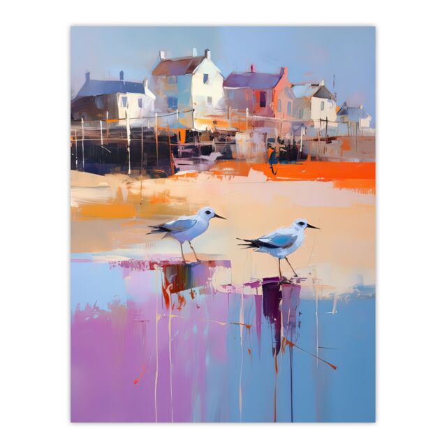 "Artery8 Wall Art Print Seagulls on Beach Sand Painting Coastal Village ...