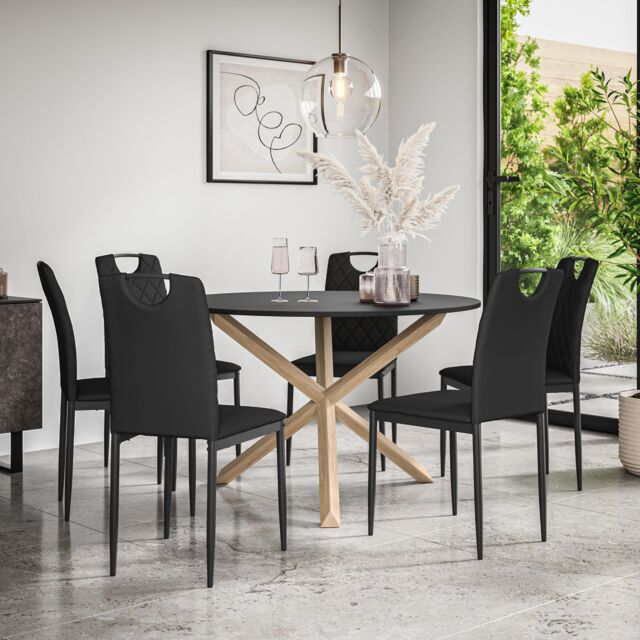 Malvern Round Dining Table And Chairs - Black Table Top w Solid Oak Legs + Monza Faux Leather ...
