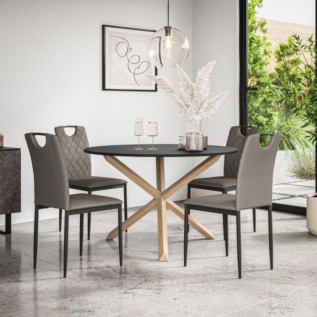 Malvern Round Dining Table And Chairs - Black Table Top w Solid Oak ...