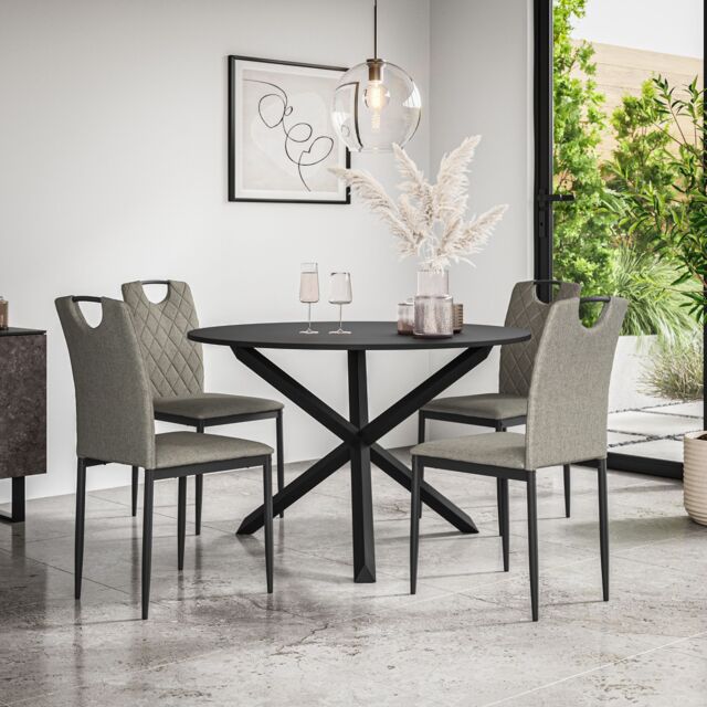 Malvern Round Dining Table And Chairs - Black Table Top w Solid Oak ...