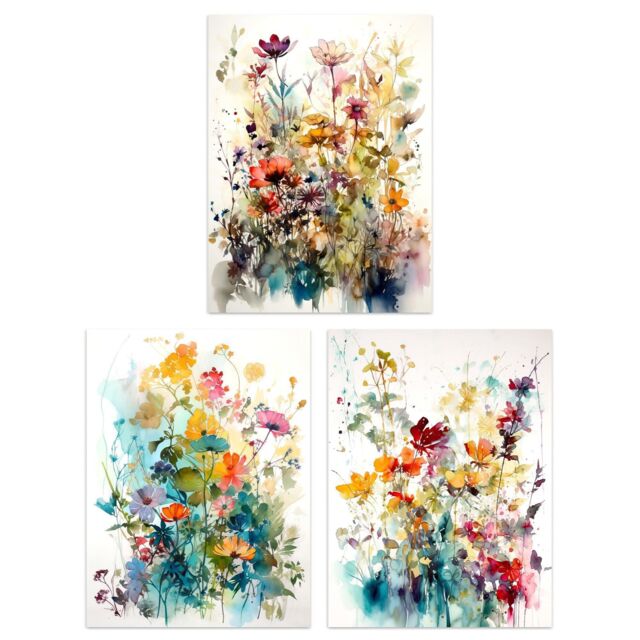 Wall Art Print Set of 3 Wildflowers Colourful Watercolour Floral ...