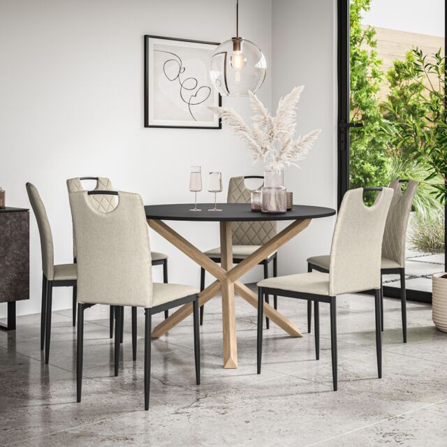 Malvern Round Dining Table And Chairs - Black Table Top w Solid Oak Legs + Monza Fabric Dining ...