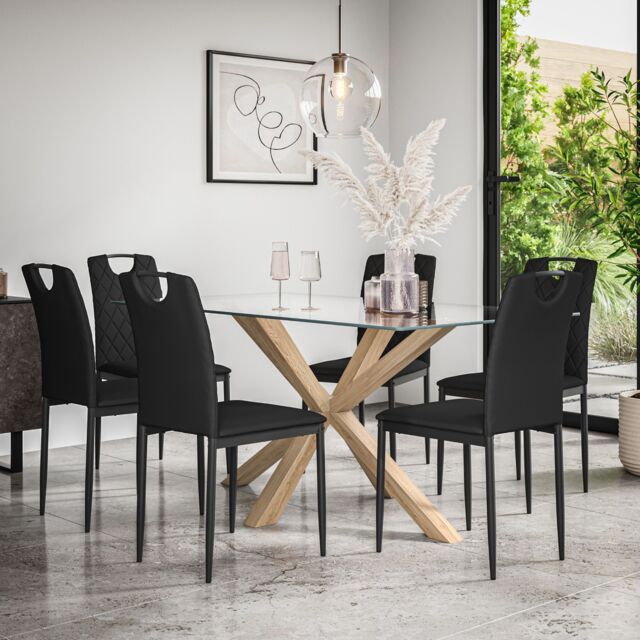 Etta Glass Dining Table And Chairs - Glass Top w Solid Oak Legs + Monza ...