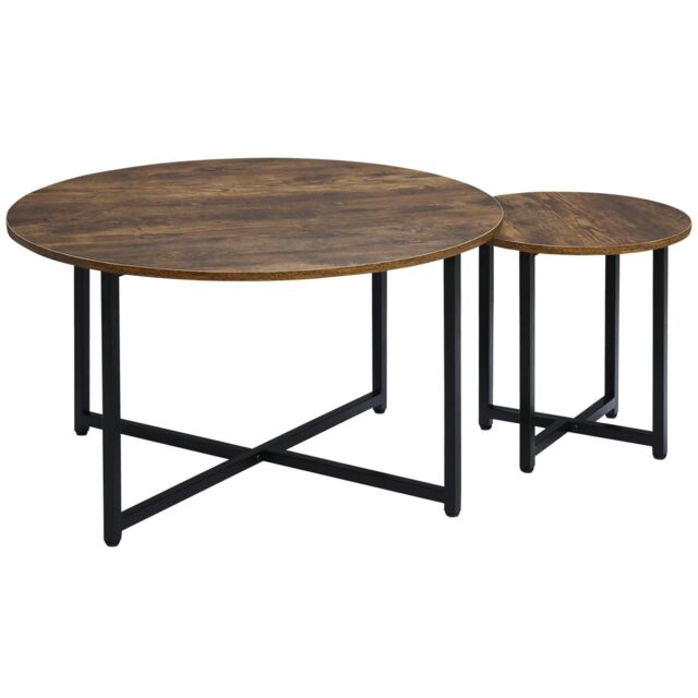 Set of 2 Nesting Coffee Tables Round End Bedside Tables Metal Frame by