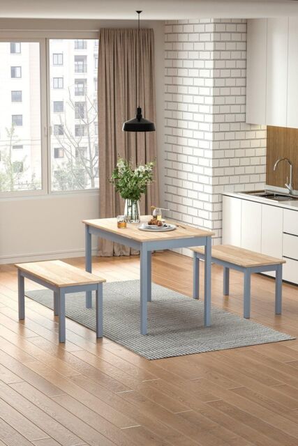 3Pcs Set Modern Pine Wood Dining Table and Benches Dining Set Furniture with Grey Legs by ...