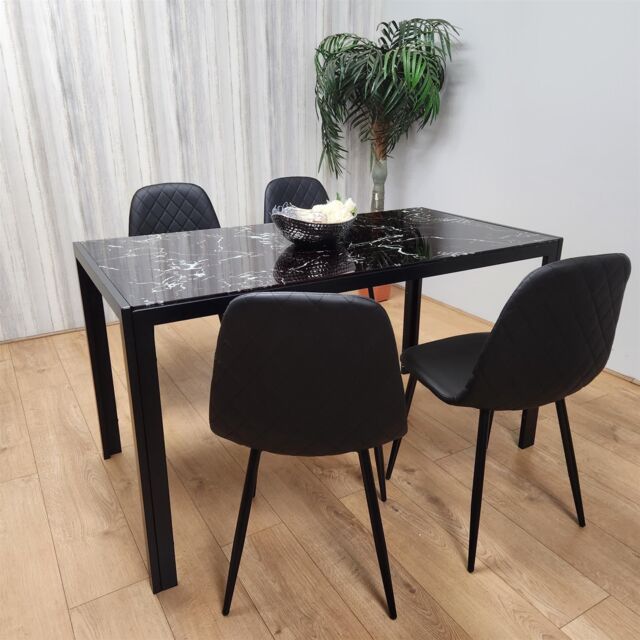Marble Glass Dining Table with 4 Diamond Patterned Black Chairs by Debenhams | ufurnish.com