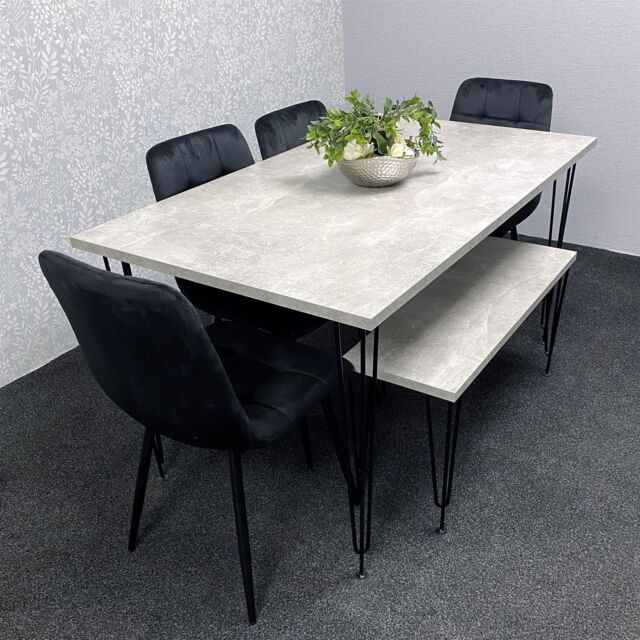 Grey Dining Table with Hairpin Legs, Bench & 4 Black Velvet Chairs Set by Debenhams | ufurnish.com