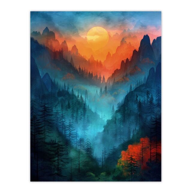 "Artery8 Wall Art Print Misty Sunset Colourful Forest Mountain ...