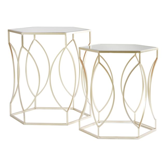 Sleek Set Of Two Champagne Finish Tables, Metallic Champagne Frame Side