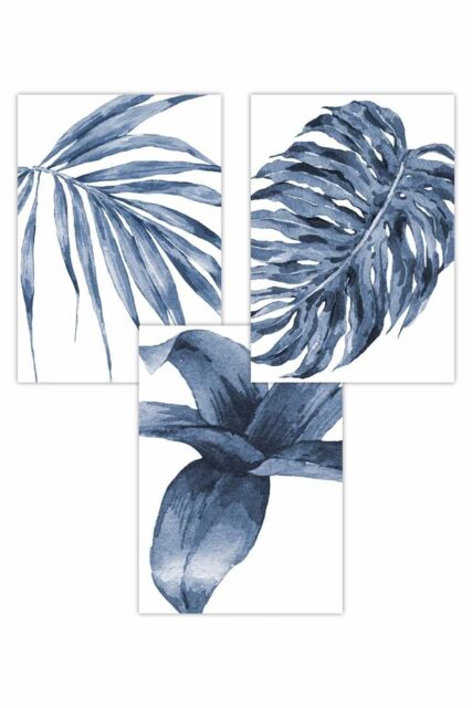 ARTZE Set of 3 Tropical Plants Navy Blue Abstract Art Posters - Size ...