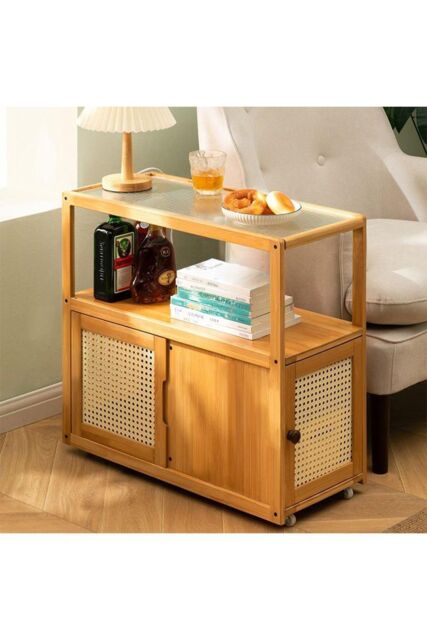H&O Direct Wooden Glass Side Table with Wheels in Brown by