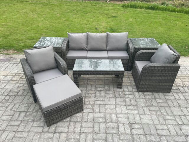 6 Seater Rattan Garden Furniture Set with Rectangular Coffee Table 2 ...
