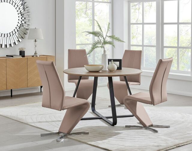 Santorini Brown Wood Contemporary Round Dining Table And 4 Willow ...