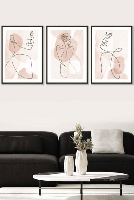 ARTZE Set of 3 Black Framed Coral Pink Abstract Line Art Female Wall ...