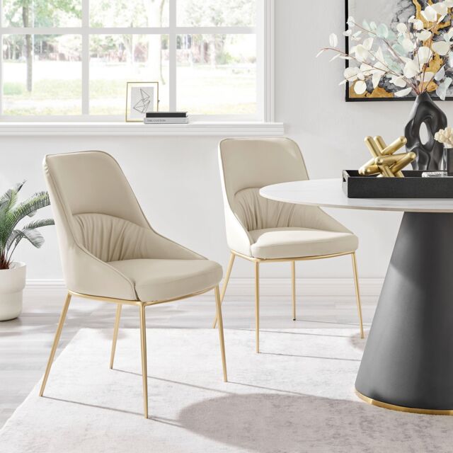 Modern Cream Faux Leather Dining Chairs With Gold Metal Legs Set Of 2 — free download