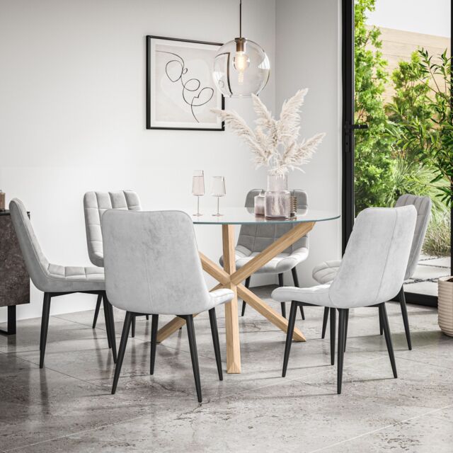 Malvern Round Dining Table And Chairs - Clear Glass Table Top w Solid ...