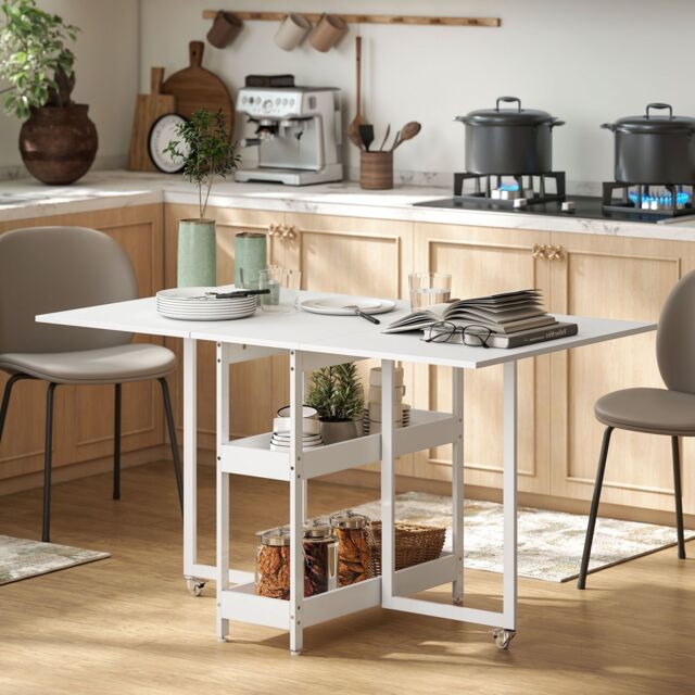 Folding Dining Table, Drop Leaf Table with Open Compartments, White by Debenhams | ufurnish.com