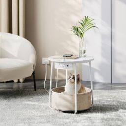 VASAGLE Round Side Table Charging Station Power Outlets USB Fabric ...