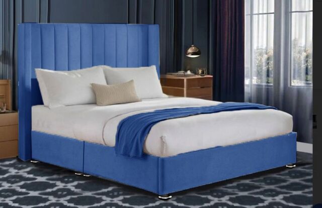 DECORE4U LTD Blue Velvet 6FTSuper King Bed Set with Wingback Headboard ...