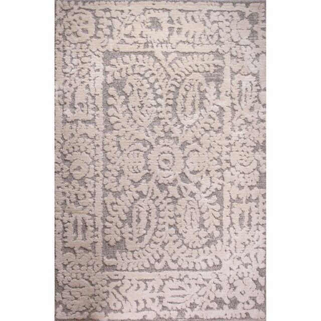 Uf Rug Kukoon Grey Cream Floral Damask Loop & Tufted Shaggy Rug in Mid Grey ...