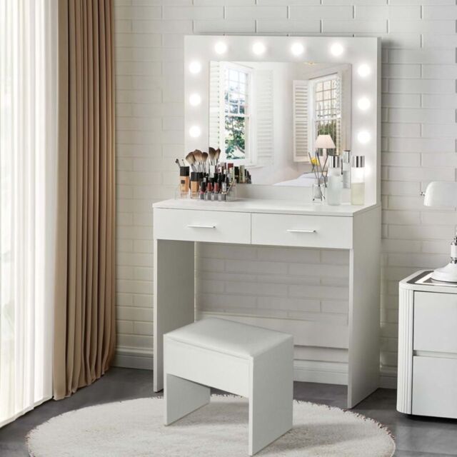 Comfy Living Ltd Modern White 2 Drawer Dressing Table & Stool Set with ...