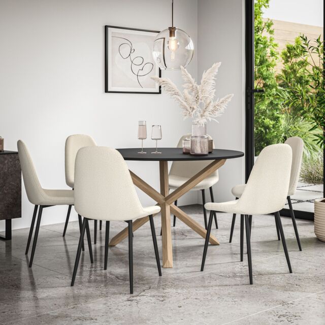 Malvern Round Dining Table And Chairs - Black Table Top w Solid Oak ...